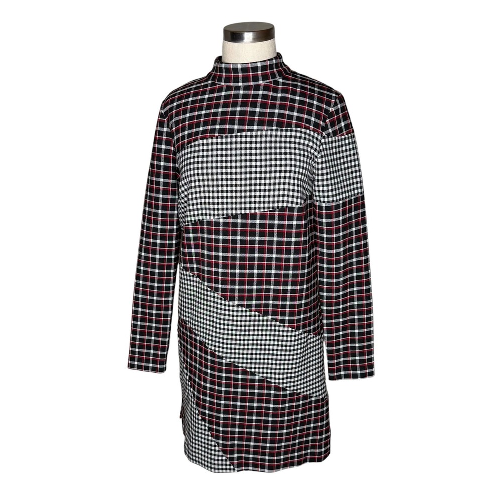 NICOLE MILLER Collection Plaid Patchwork Mock Neck Dress Red Black Women's Small